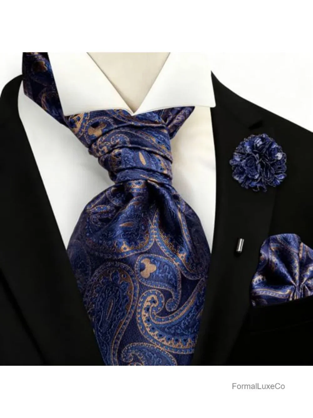 Ascot Tie Set for Men Paisley Floral Cravat Silk Neck Scarf with Pocket Square